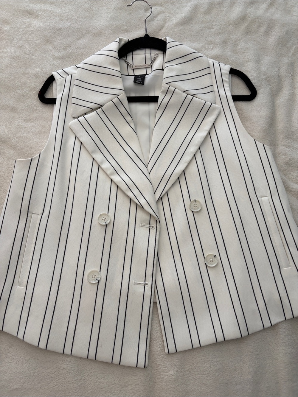 White Pinstripe Double-Breasted Sleeveless Blazer Vest